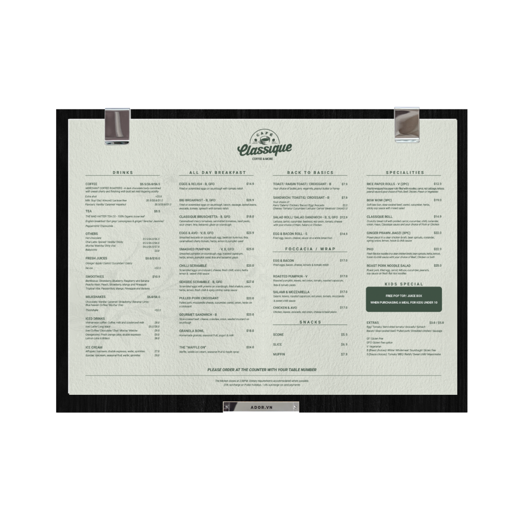 Menu Classique Cafe