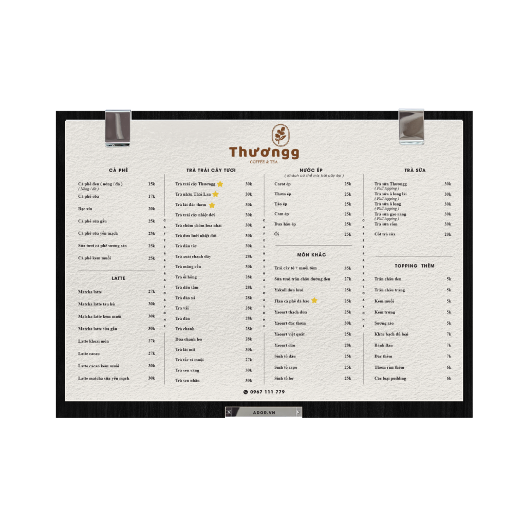 Menu Thươngg Coffee & Tea