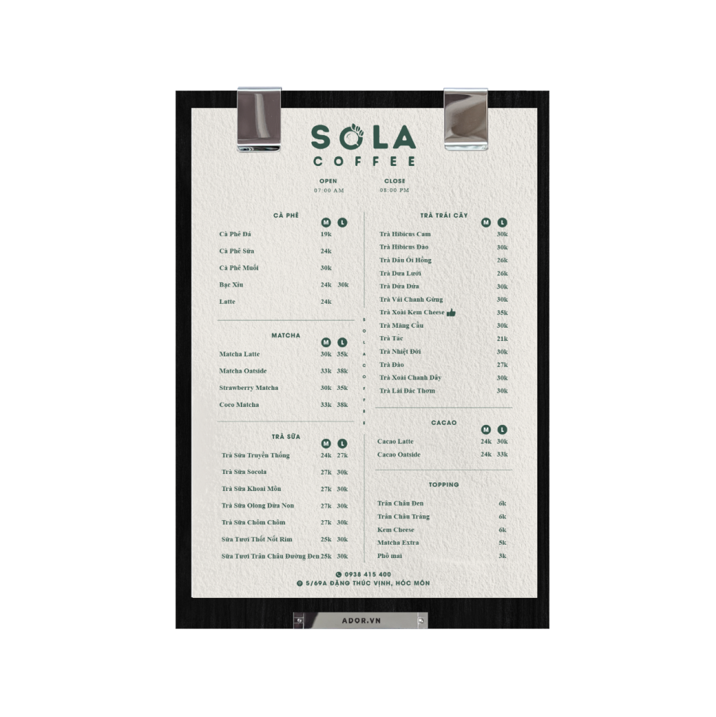 Menu SOLA Coffee