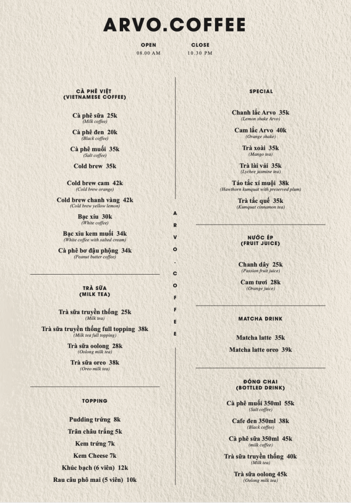 Menu Arvo.Coffee