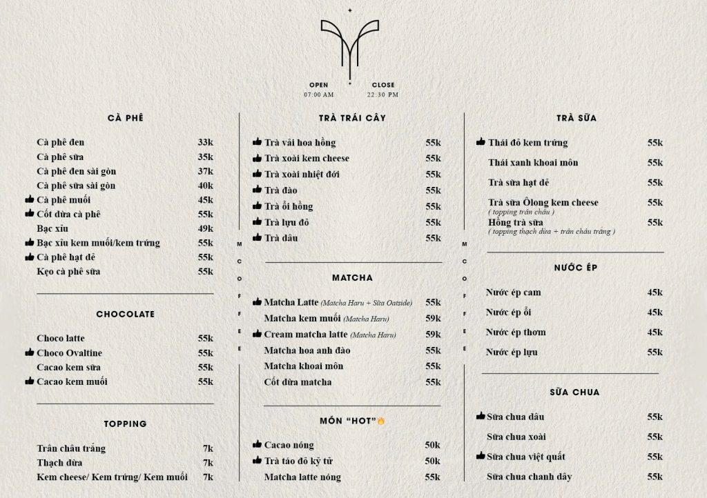 Menu M Coffee Đà Nẵng