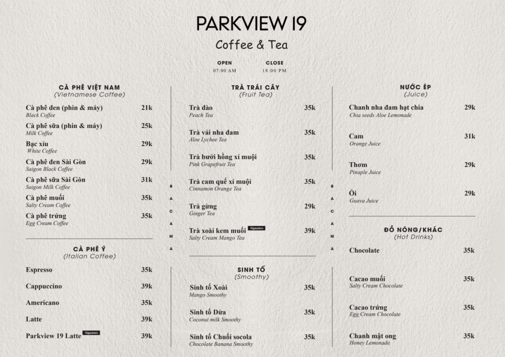 Menu Parkview 19 Coffee and Tea