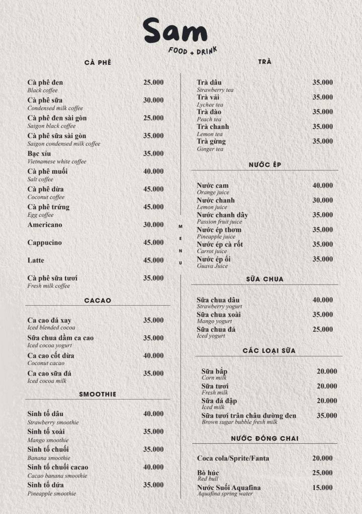 Menu SAM Food & Drink