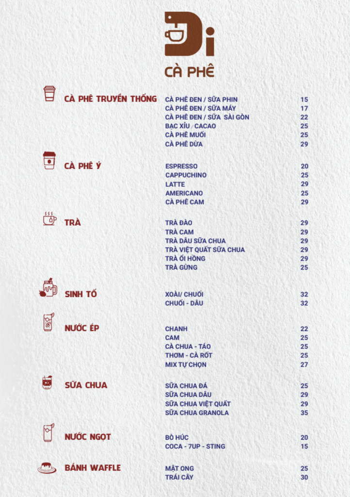 Menu Di Cà Phê Đà Nẵng